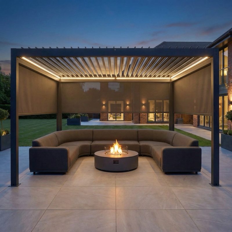 Aluminum pergola at dusk over a lounge with fire pit